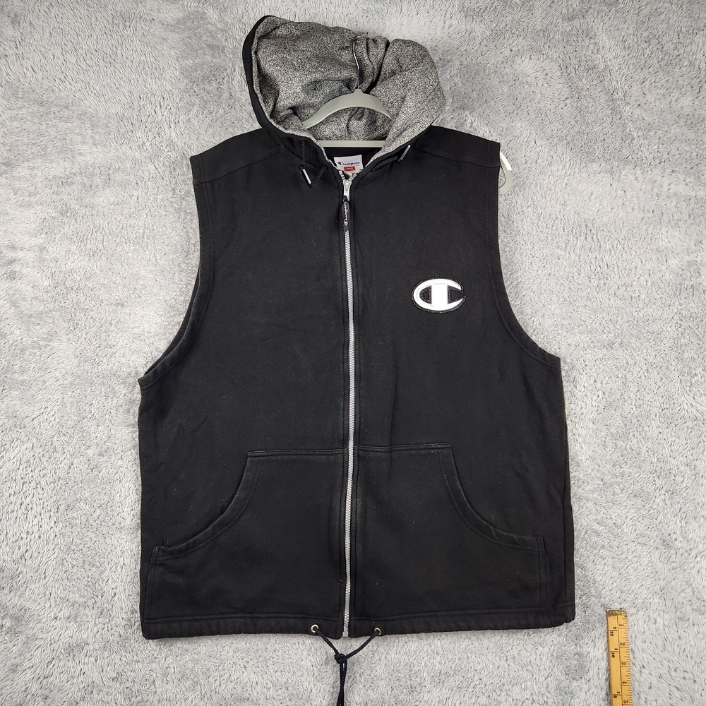 Vintage Champion Hoodie Vest Mens Large Black Full Zip Sleeveless Fleece Logo